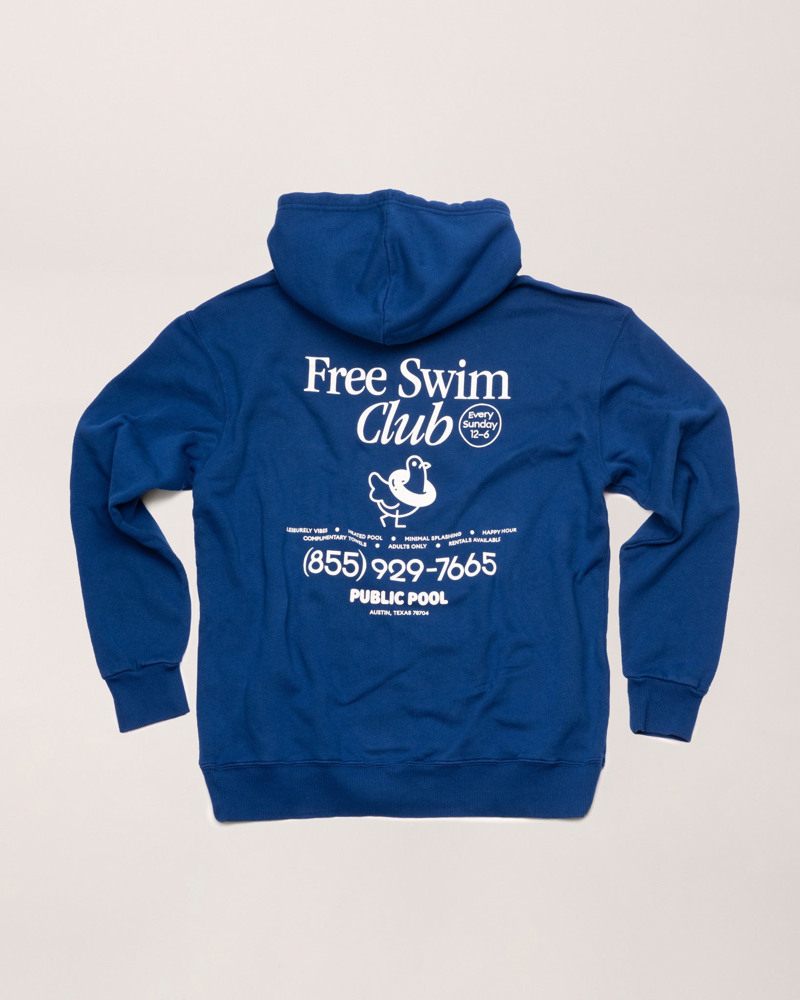 An image showing the design details on the back of a blue hoodie.