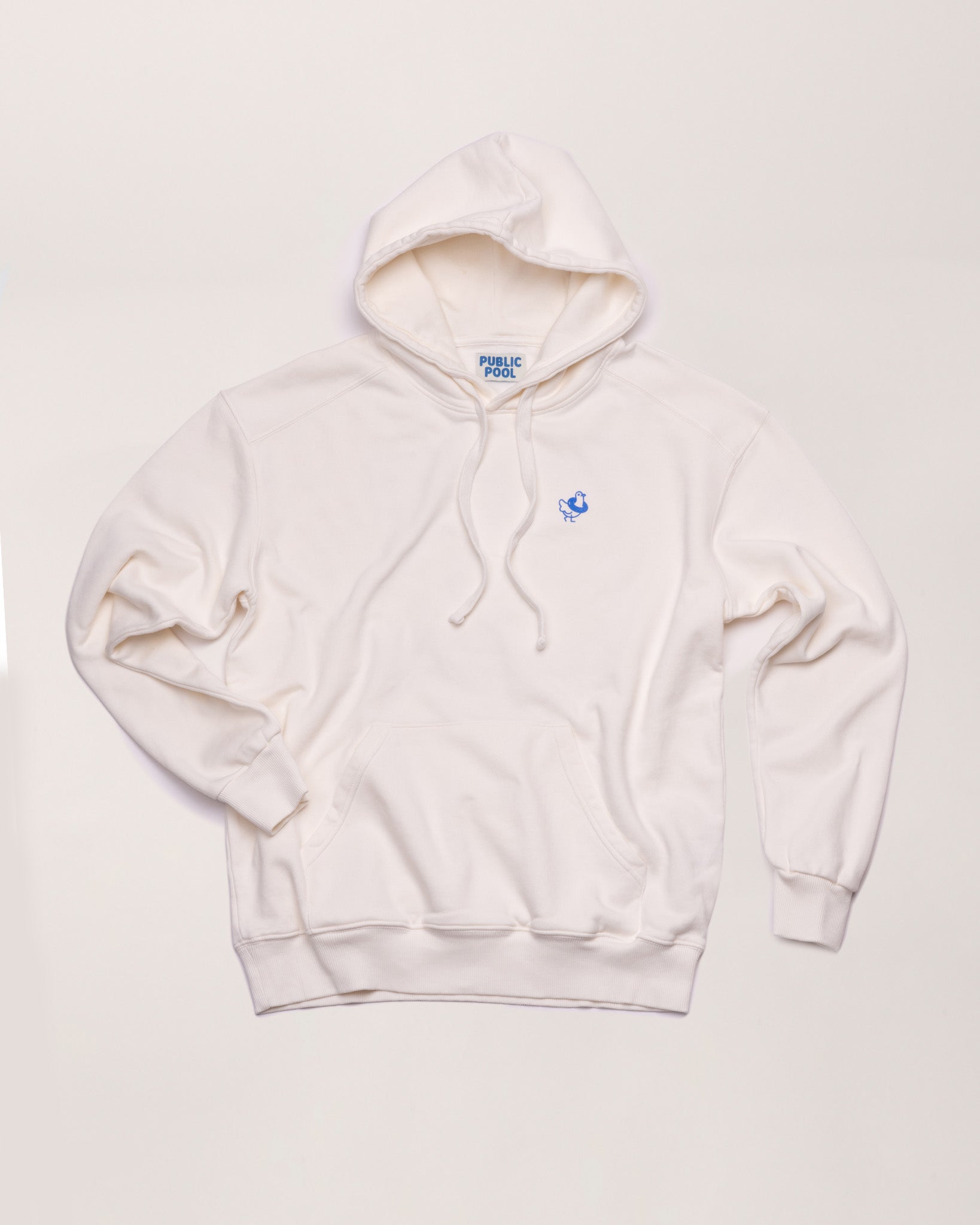 A white hoodie with a blue Public Pool icon.