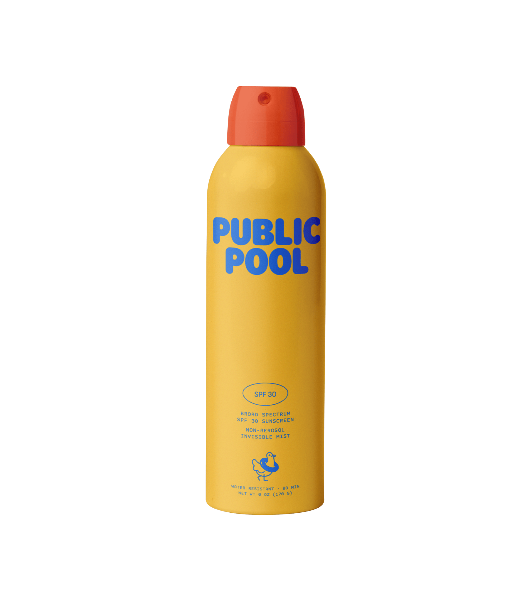 A sunscreen bottle sitting upright on a white background.