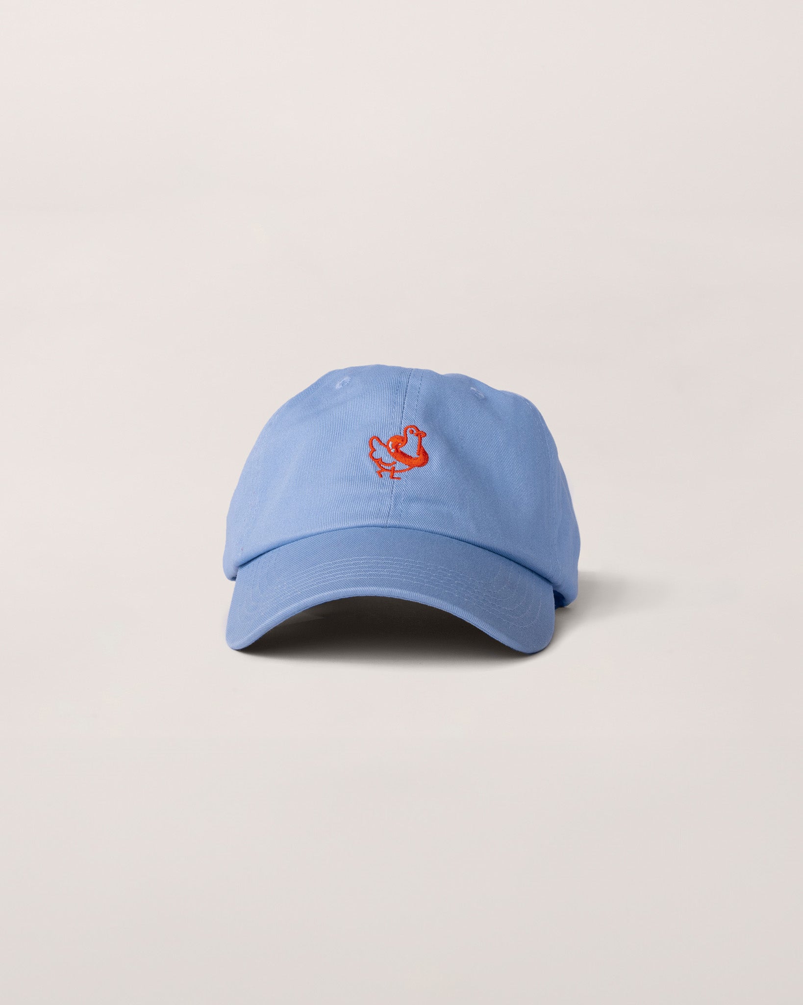 A baby blue hat with an orange Public Pool icon. 