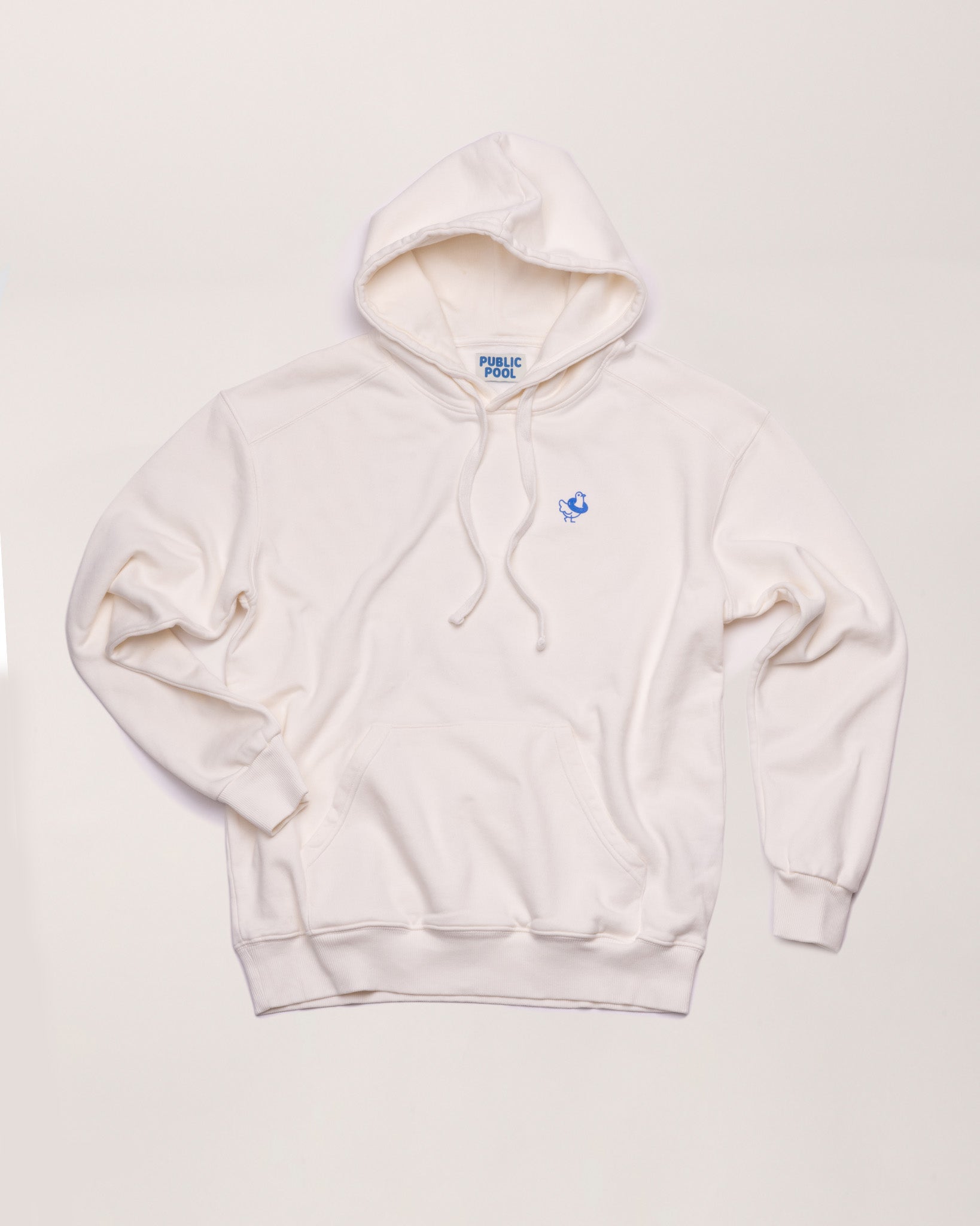 A white hoodie with a blue Public Pool icon. 