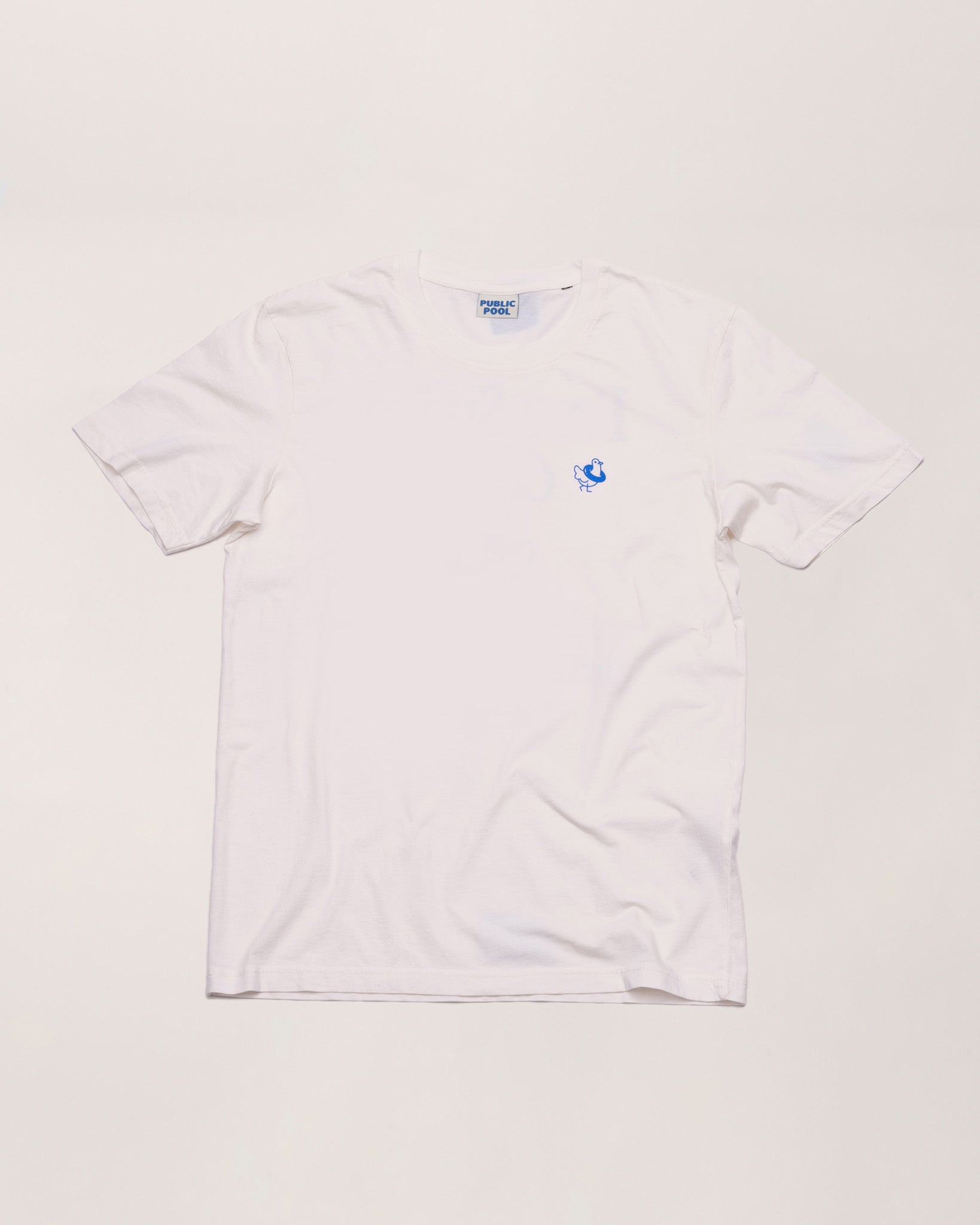 A white shirt with a blue Public Pool icon. 